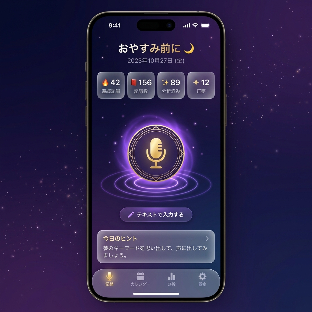 夢日記 ホーム画面 - 音声録音と統計ダッシュボード